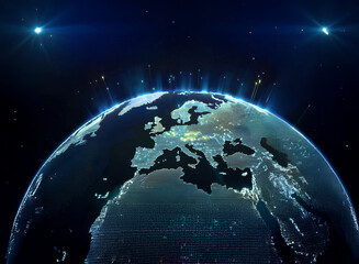 Poster - A glowing Earth at night, centered on Europe, with bright light beams emanating from the planet's surface and stars twinkling in the dark, vast space.