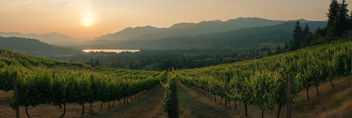 Poster - Sunset over vineyard rows on hillside, overlooking lake and mountains.