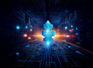 Fototapete - A glowing blue metallic puzzle piece sits at the center of a digital tunnel, symbolizing problem-solving and technological innovation.  The background shows intricate circuit pathways and binary code.