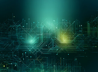 Fototapete - Abstract digital artwork depicting a complex network of glowing teal and yellow circuit lines, suggesting technological connectivity and data flow.  A futuristic, high-tech aesthetic is conveyed throu