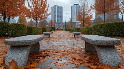 Poster - Empty park benches on a rainy autumn day, fallen leaves on path leading to modern buildings in background.