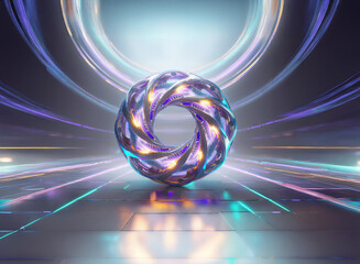 Aufkleber - Intricate metallic sphere with swirling, luminous design rests on reflective surface within a futuristic, neon-lit tunnel.  The vibrant energy is captivating.