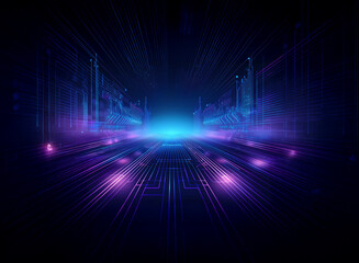 Poster - Abstract digital landscape, glowing blue and purple lines converging towards a bright center, creating a futuristic, technological city scene.  The image evokes a sense of speed and innovation.