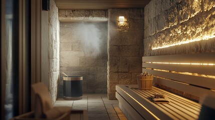 Poster - Modern sauna interior with stone walls, wooden benches, and steam.