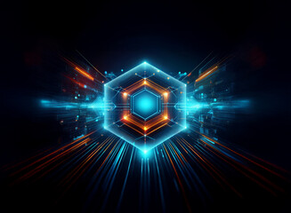 Aufkleber - A mesmerizing digital artwork featuring a glowing hexagonal structure at the center, surrounded by vibrant streaks of light, suggesting speed and energy.  The colors are predominantly blue and orange.