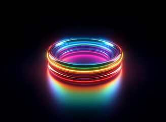 Poster - Vibrant rainbow neon rings glow intensely on a dark reflective surface.  The concentric circles create a captivating, colorful display.