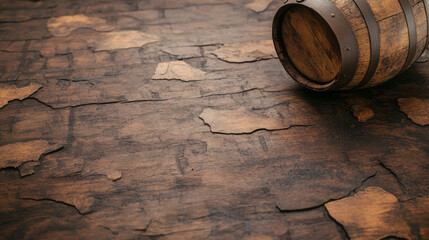 Poster - A close-up shot of a wooden barrel with intricate carvings next to a cracked old wooden table, emphasizing the rich textures and craftsmanship,