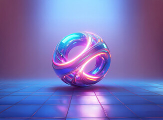 Poster - A vibrant, glowing sphere with interwoven, iridescent bands rests on a reflective surface.  Neon pink and blue light illuminate the scene, creating a futuristic, abstract ambiance.