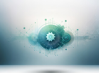 Fototapete - Abstract digital illustration depicting interconnected gears and nodes, suggesting technological innovation and complex systems.  A futuristic design with teal and green hues on a light gray backgroun