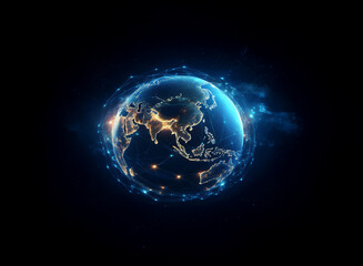Aufkleber - A glowing digital Earth, encased in a vibrant blue energy field, highlights Asia's illuminated cities against a dark backdrop.  The image conveys global connectivity and technological advancement.