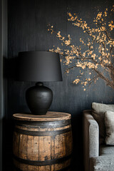 Poster - A nostalgic living room scene with a wooden barrel used as a coffee table and a worn wooden side table holding a classic lamp, creating a timeless look,