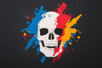 Poster - A striking abstract human skull with vibrant splashes of red, blue, and yellow paint emanating from the eye sockets and cracks, set against a dark, textured background,