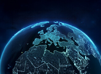 Aufkleber - A glowing, digital rendering of Earth, centered on Europe and the Middle East, showcases interconnectedness through a network of bright blue lines.  The dark background emphasizes the illuminated cont