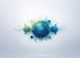 Fototapete - Abstract digital illustration featuring interconnected gears, circuits, and nodes.  Teal and green hues create a futuristic, technological aesthetic.