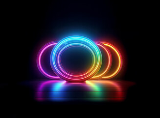 Aufkleber - Vibrant rainbow neon rings glow intensely in the dark, reflecting on a glossy surface.  The circles create a mesmerizing, colorful display.