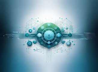 Fototapete - Abstract digital artwork depicting interconnected gears, nodes, and network lines, suggesting technological innovation and complex systems.  A futuristic, teal and blue color scheme dominates the desi