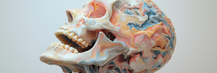 Poster - A surreal abstract human skull covered in swirling multicolored paint strokes, creating a dynamic contrast against a minimalist white backdrop,