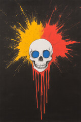 Poster - A dynamic abstract representation of a human skull with explosive bursts of colorful paint in primary colors, set against a textured black background for dramatic impact,