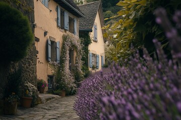 Poster - Lavender-lined cobblestone path between charming houses in a quaint village.