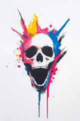 Poster - A bold abstract human skull with asymmetric paint splashes in vibrant pink, teal, and yellow, creating a visually intriguing and modern artwork,