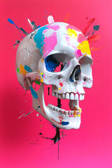 Poster - A bold abstract human skull with asymmetric paint splashes in vibrant pink, teal, and yellow, creating a visually intriguing and modern artwork,