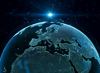 Poster - A glowing, digital representation of Earth, centered on Europe and Africa, is illuminated by a bright star.  The continents are outlined in a vibrant, blue light against a dark space background.
