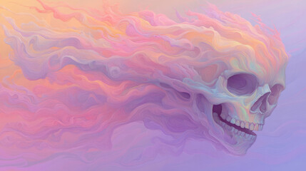 Leinwandbilder - A harmonious abstract illustration of a human skull with flowing paint splashes in harmonious colors, blending seamlessly into an abstract, swirling background,