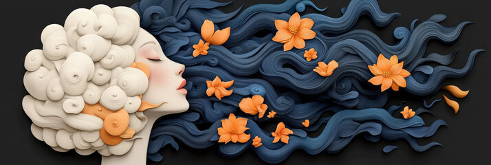 Leinwandbilder - An abstract illustration of a woman with flowing hair intertwined with vibrant flowers, set against a dreamy smoke-filled brain background, blending surrealism and nature,