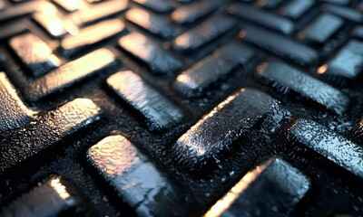 Wall Mural - Close-up view of a textured metallic surface with a wet appearance, showcasing reflections and intricate patterns, ideal for industrial or artistic use