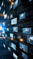 Poster - Multiple digital screens showcase various data visualizations in a futuristic setting filled with glowing lights