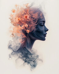 Poster - A creative abstract artwork featuring a woman with floral patterns emanating from her head, merging into a smoky brain-like backdrop with flowing lines and vibrant hues,