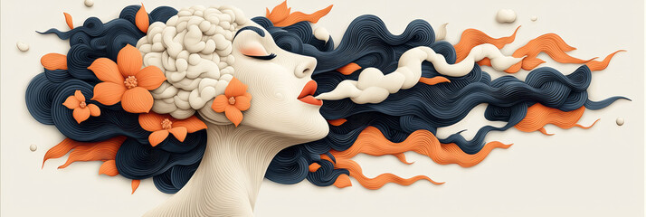 Poster - A vibrant abstract illustration of a woman with floral embellishments and swirling smoke, set against a complex brain-inspired background with dynamic colors and shapes,