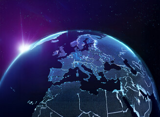 Aufkleber - A digitally enhanced image showcases Europe at night, illuminated with bright city lights, set against the backdrop of space with a rising sun.