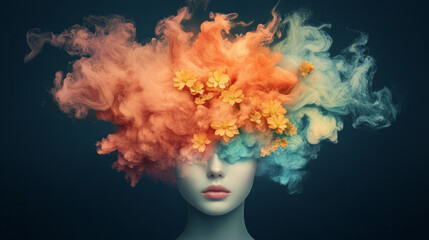 Aufkleber - A creative digital painting of a woman intertwined with blooming flowers, her thoughts visualized as colorful smoke merging into an abstract brain backdrop,