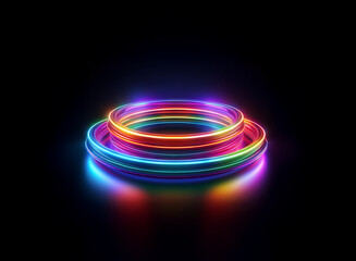 Poster - Vibrant, multicolored neon rings glow on a dark background, creating a captivating, circular light display with reflections.