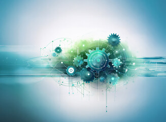 Fototapete - Abstract image depicting interconnected gears, suggesting technological synergy and innovation.  The design features a blend of teal and green hues, symbolizing growth and efficiency.