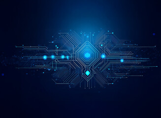 Aufkleber - Abstract digital artwork depicting a glowing blue circuit board, suggesting technological advancement and connectivity.  The central component emits a soft light, symbolizing innovation and data flow.
