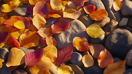 Poster - Colorful autumn leaves scattered on smooth river rocks.