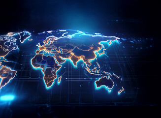 Aufkleber - A glowing digital world map, illuminated with vibrant blue and orange hues, is set against a dark background.  The map is detailed, showing continents and countries with a futuristic, technological ae