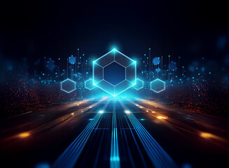 Aufkleber - Glowing blue hexagon at center of dark, futuristic digital landscape.  Lines converge towards it, suggesting data flow or connection.  Sparkling particles and hexagons surround the core.