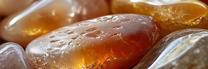 Fototapete - Close-up of smooth, translucent orange and amber gemstones.