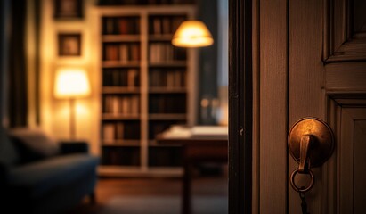 Poster - Open door revealing a dimly lit study with bookshelves, lamp, and armchair.