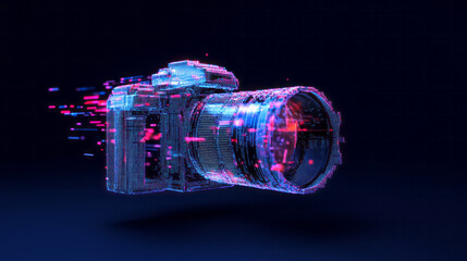 Aufkleber - A stylish abstract blue pix camera icon, with pixelated elements blending seamlessly into a sleek, modern design,