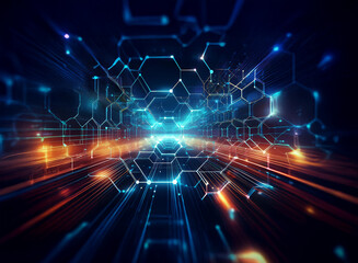 Poster - Abstract digital artwork depicting a futuristic highway of interconnected glowing hexagons and light streaks, suggesting technological advancement and network connectivity.  The vibrant colors create 