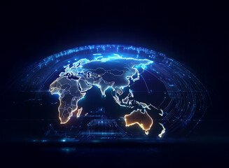 Aufkleber - A glowing, digital world map showcased in a futuristic, spherical display.  The continents are outlined in vibrant, electric blue and orange hues, suggesting global connectivity and technological adva