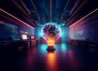 Poster - futuristic room bathed in neon light. a large lightbulb, containing intricate circuitry, sits centra