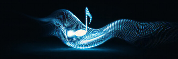 Fototapete - A vibrant abstract blue pix music note icon, with pixelated curves and dynamic lines enhancing the sense of rhythm and flow,