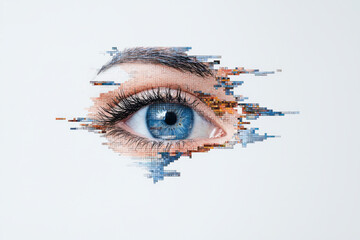 Poster - A creative abstract blue pix eye icon, with pixelated details forming a captivating and modern design for vision-related themes,