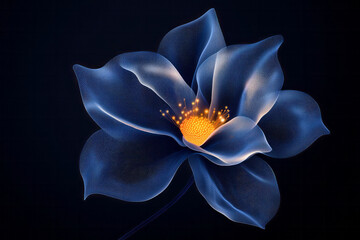 Poster - An artistic abstract blue pix flower symbol icon, combining tiny pixels to form vibrant petals and a detailed center, perfect for creative designs,
