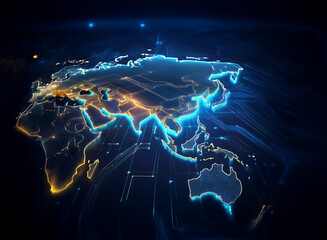 Aufkleber - Glowing digital world map, showcasing interconnected continents via illuminated lines.  Focus on Asia, suggesting global network and digital connectivity.